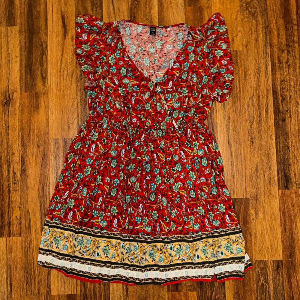 Emery Rose Red Floral Boho V-Neck Flutter Sleeve Mini Dress 1XL